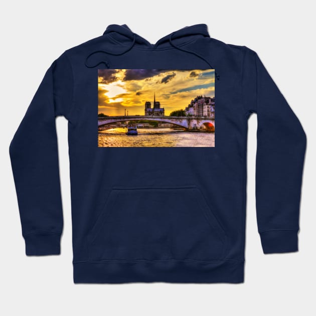 The River Seine Sunset And Notre Dame Cathedral In Paris, France Hoodie by tommysphotos